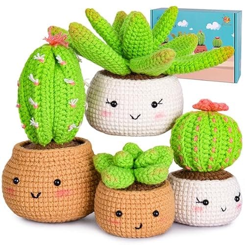 Crochetta Crochet Kit for Beginners - Crochet Starter Kit with Step-by-Step Video Tutorials, Learn to Crochet Kits for Adults and Kids, DIY Knitting Supplies, 4 Pack Plants Family(40%+ Yarn)