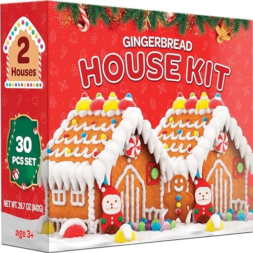 Gingerbread House kit [Set of 2] DIY Gingerbread House, Fun Holiday Activity for Kids, Ease Crafted Grooves Decor Kit of 2 Houses/4 ppl/Fondant/Snowflakes/Candies/Jellies/Beads/Buttons/Tray 30 Pcs Set
