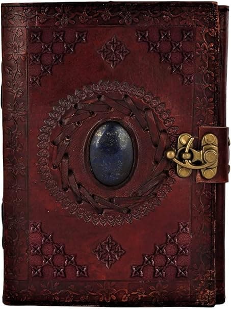 Rustic Town Leather Bound Notebook Journal with Semi Precious Stone - Handmade Vintage Leather Travel Diary for Women Men - Book of Shadow, Unlined Writing Gift