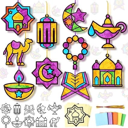 Eersida 32 Pcs Eid Suncatcher Craft Kit for Adults, Ramadan Mubarak Ornaments DIY Stained Glass Effect Paper Window Crafts for Islamic Creative Party Favors Art Projects