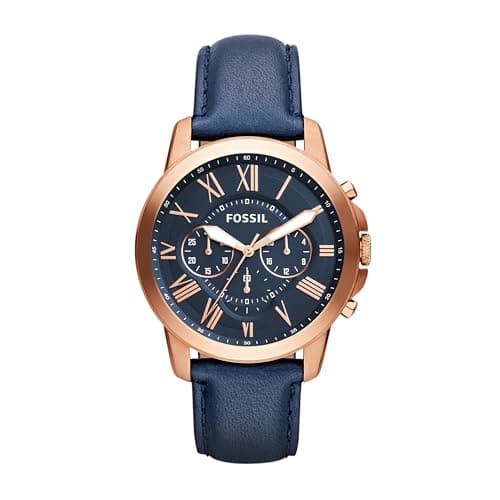 Fossil Men's Grant 44mm Quartz Stainless Steel and Leather Chronograph Watch for Men, Color: Rose Gold, Blue (Model: FS4835)