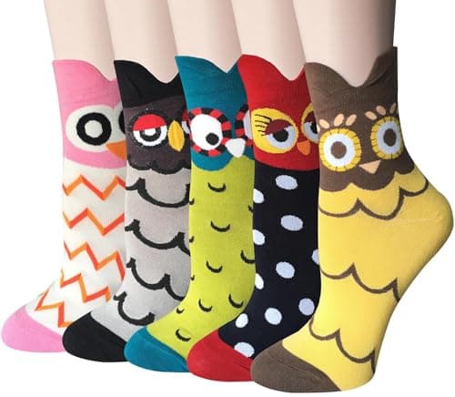Chalier Womens Funny Socks Cozy Cute Printed Patterned Fun Sock Novelty Cat Dog Socks for Women, Cute Owl Multicolor(5 Pairs)