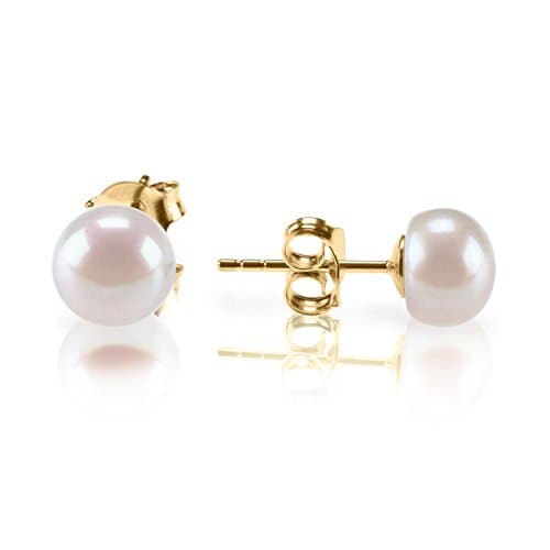 PAVOI Womens Yellow Gold 925 Sterling Silver Freshwater Cultured Stud Pearl Earrings