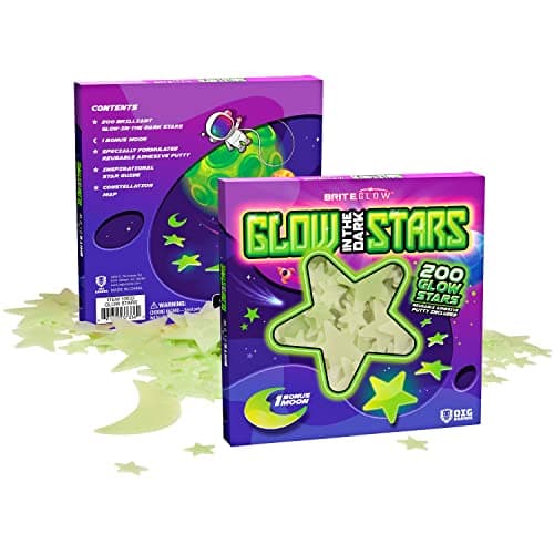 OIG Brands 200 PK Green Glow in The Dark Stars for Ceiling Easter Basket Stuffers for Kids - Star Brite Plastic Glow Stars with Moon & Putty Ages 4,5,6,7,8,9,10,11,12 for Bedroom Space Night Light