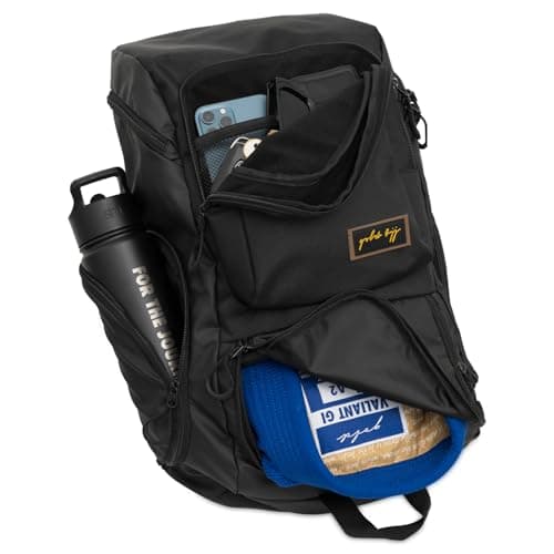 Gold BJJ Jiu Jitsu Backpack - Heavy Duty Gym Bag with Waterproof Gi Pocket (Black)