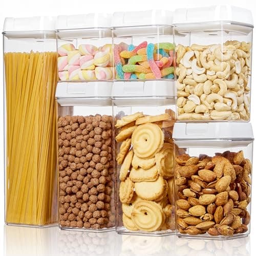Vtopmart Airtight Food Storage Containers, 7 Pieces BPA Free Plastic Cereal Organizer Canisters with Easy Lock Lids, for Kitchen Pantry Organization, 24 Labels, White
