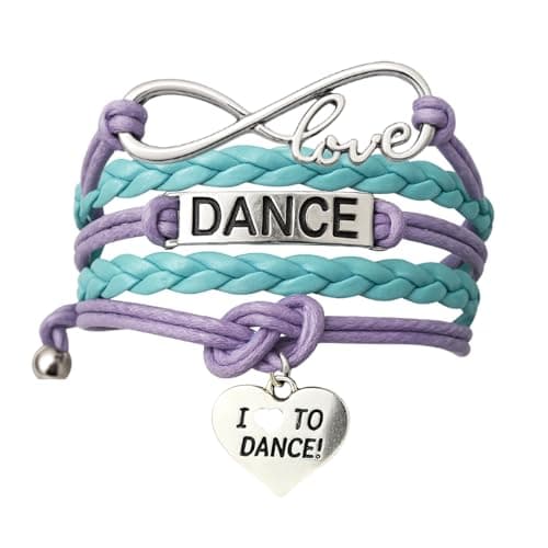 Sportybella Love Dance Bracelet - Aqua and Purple Braided Multi-Strand Adjustable Charm Bracelet with I Love to Dance Heart Pendant for Dancers