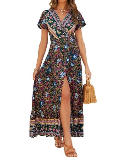 ZESICA Women's 2025 Bohemian Floral Printed Wrap V Neck Short Sleeve Split Beach Party Maxi Dress,Navy,Medium