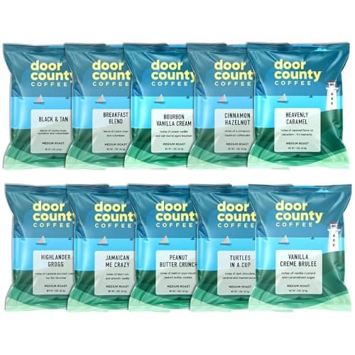 Gourmet Flavored Coffee Sampler Pack - 10 Bags of Unique Flavored Coffees – 100% Specialty Grade 1 Arabica -1.5 oz Full-Pot Bags - Roasted by Door County Coffee