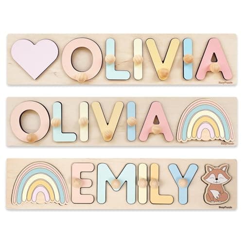 Name Puzzle With Pegs Personalized Wooden Name Puzzle Wooden Toys Custom Name Puzzle by BusyPuzzle Personalized Birthday Baby 1 Year Old Gifts Boy and Girl Easter Gifts for Kids Pink