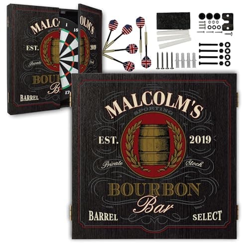 Personalized Dart Board Cabinet Set with 6 Steel Tip Darts, Paper Dartboard, Chalk & Eraser (21.5 x 21.5 x 2.75) - Man Cave Dart Boards for Adults - Bourbon Bar (121)