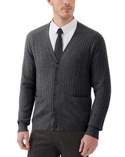 Kallspin Men's Cardigan Sweater Wool Blend Cable Knit V Neck Buttons Cardigan with Pockets(Charcoal, X-Large)