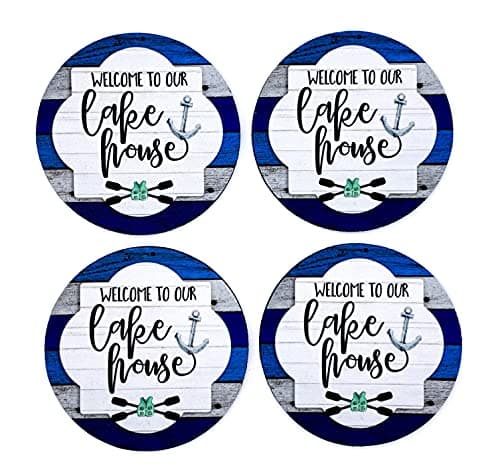 Welcome to Our Lake House Coasters Set of 4 Drink Table Decor Decorations Blue White Neoprene Fabric Rubber Handmade by The Painted Pug (Blue Lake House)