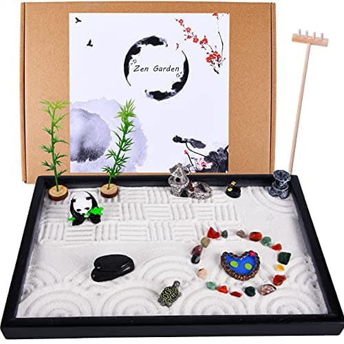 Mini Zen Garden for Desk - Japanese Garden Kit with Panda, 10x7 Zen Pond, Sand, Chakra Stone, Accessories - Office Desk Decor, Meditation Gifts with Rake Tools