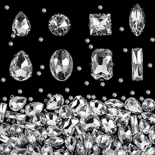 Dilunave 240 Pieces Large Sew on Rhinestones Clear Glass Crystal Gems Diamond Stone Metal Back Prong Setting Crafts Mix Shapes Claw for Jewelry, Clothes, Shoes, Costume (Clear White)