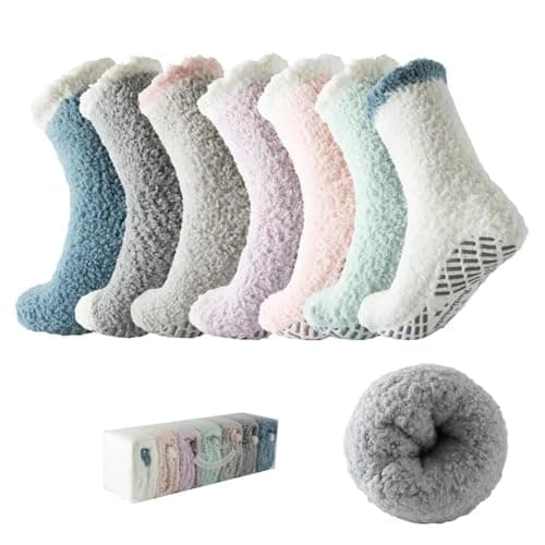 Bulinlulu Fuzzy Socks with Grips Mothers Gifts for Women,7 Pairs Non Slip Hospital Sleep Warm Fluffy Non-Skid Thick Slipper Socks with Grippers (Blue/Dark Grey/Brown/Purple/Pink/Green/White)