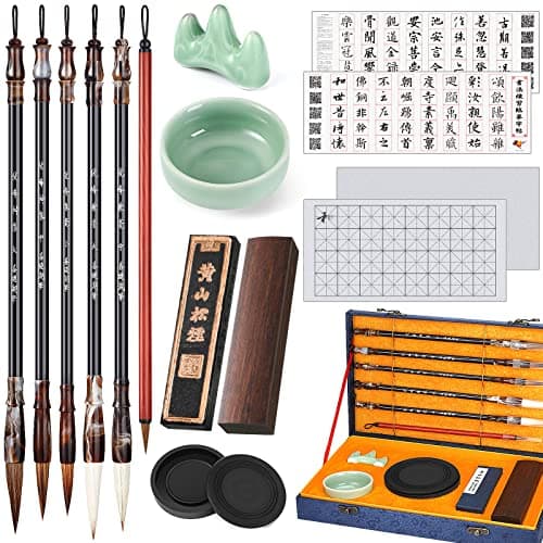 14 Pieces Chinese Calligraphy Brushes Gift Set Painting Brushes Watercolor Tools Set Sumi Painting Kanji Art New Year Gift with Calligraphy Copy Card and Professional Water Writing Cloth for Beginners