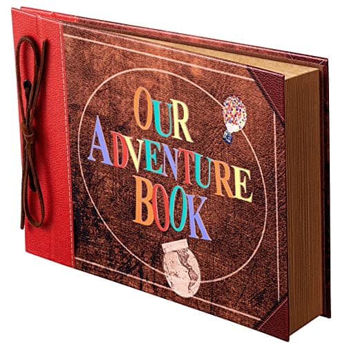 Scrapbook Photo Album,Our Adventure Scrap Book, Embossed Words Hard Cover Movie Up Travel Book for Anniversary, Wedding, Travelling, Baby Shower, etc (Leather Adventure Book)