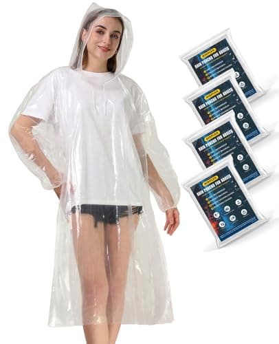Airpler Disposable Rain Ponchos for Family Adults 4 Pack (Clear) - Emergency Adult Rain Poncho with Drawstring Hood
