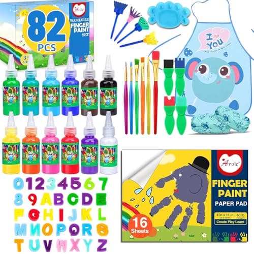 82 Pack Washable Finger Paint set, Washable Kids Paint Set with 12 Color Finger Paints 1 oz Each, Sponges, Painting Brushes, Waterproof Painting Apron, Palette Paper for Toddler, Drawing Gifts Age 3+