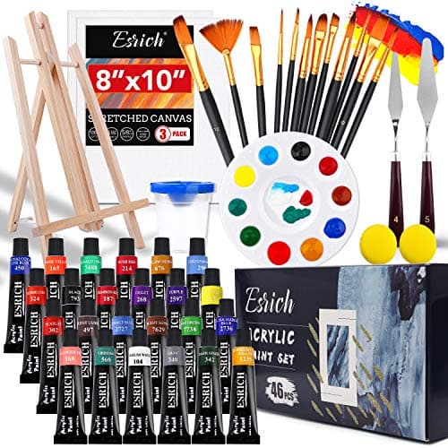 ESRICH Acrylic Paint Set,46 Piece Professional Painting Supplies with Paint Brushes, Acrylic Paints, Easel, Canvases, Palette, Paint Knives, Brush Cup and Art Sponges for Hobbyists and Beginners