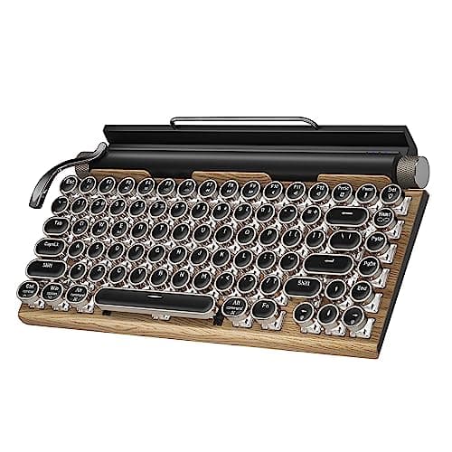 Retro Typewriter Wireless Mechanical Gaming Keyboard, Bluetooth 5.0 Office Computer Vintage Keyboards 83-Key Blue Switches Punk Round Keycap, LED Backlight, Compatible with PC/Laptop/Pad/Phone, Wood