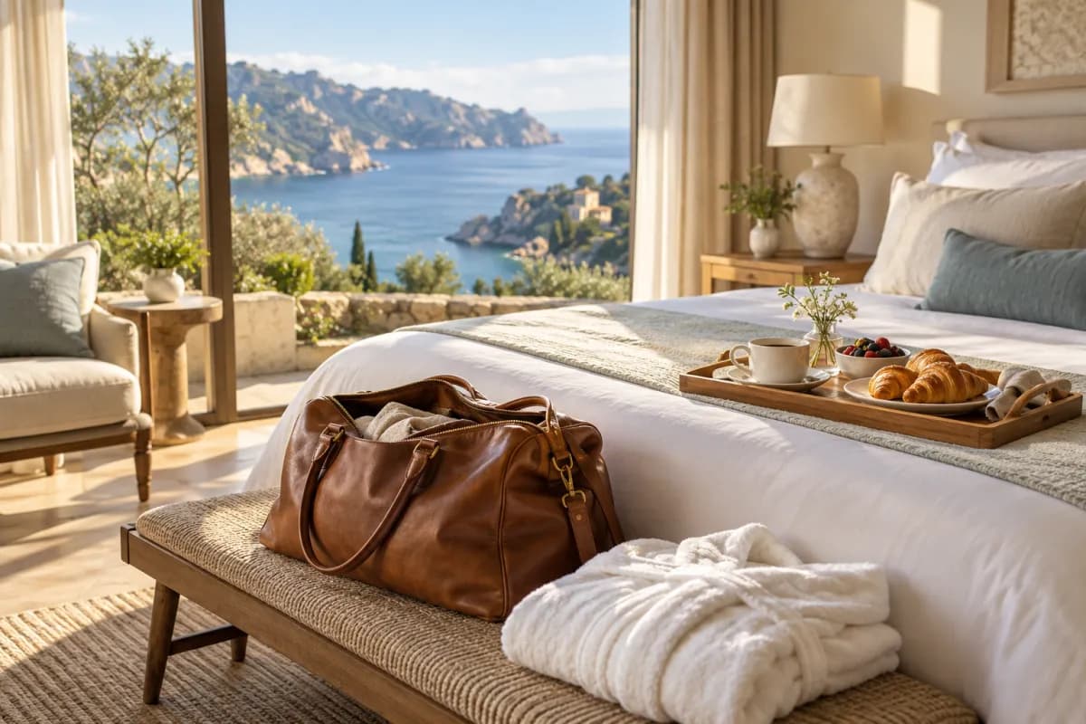 A sunlit hotel room with a leather weekender bag, a folded robe and a breakfast tray, overlooking the coast