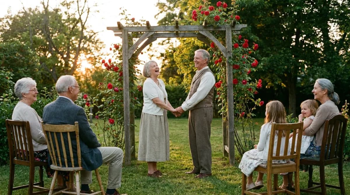 A couple in their sixties holding hands under an arch of red roses in a garden while family members watch