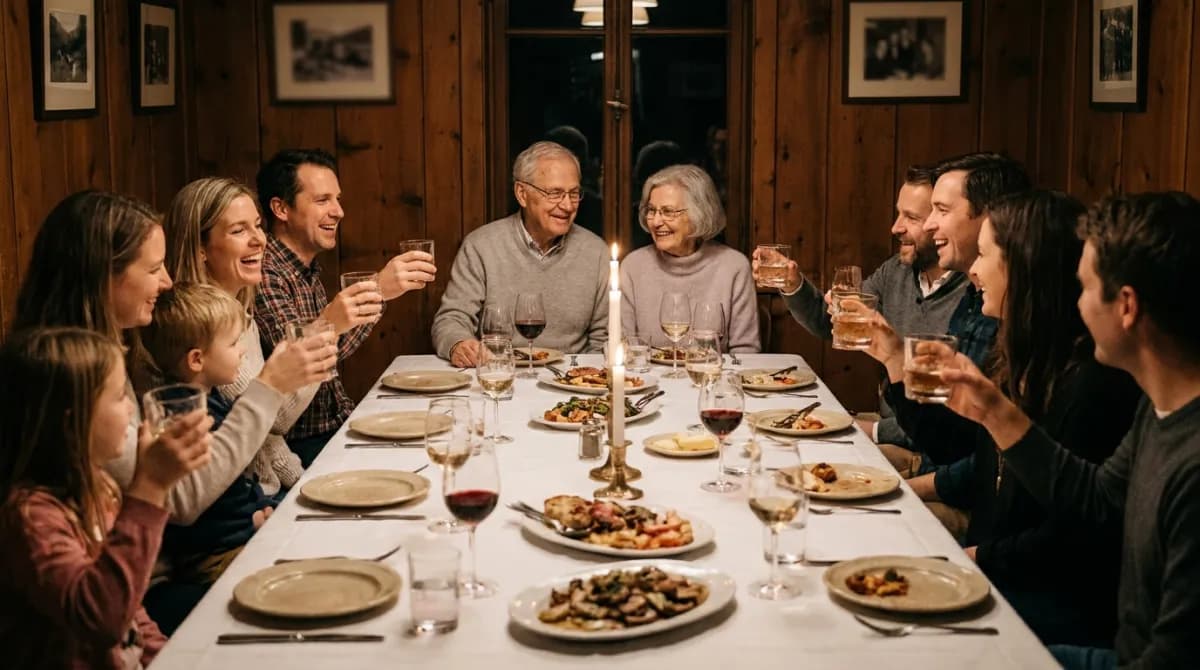 A couple in their eighties at the head of a long table as their children and grandchildren raise glasses to them