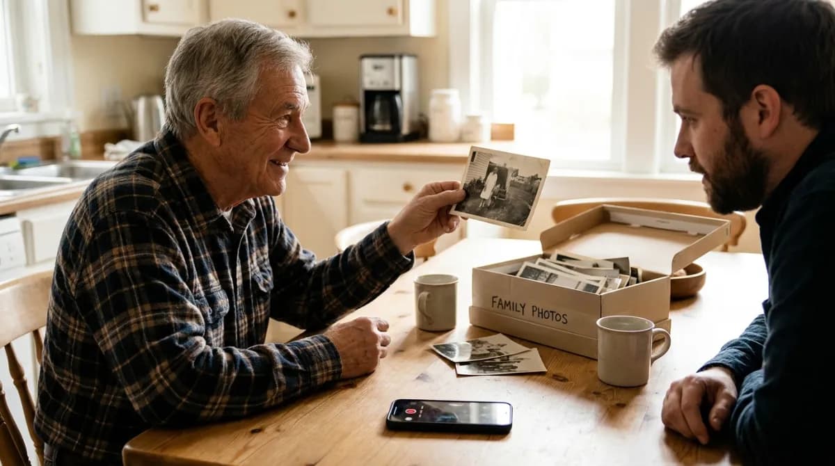 An older man holding an old photograph and telling a story to his adult son at a kitchen table, with a phone recording between them