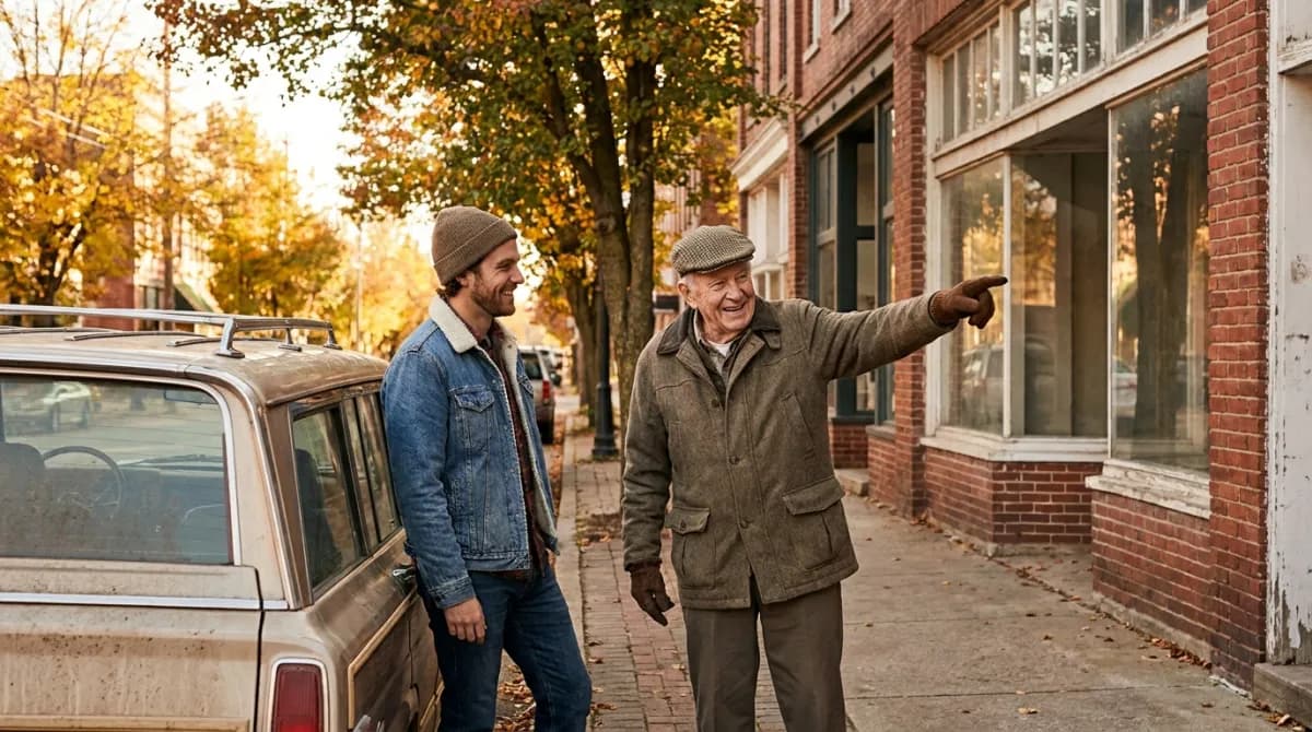 An eighty-year-old man in a flat cap pointing at an old brick storefront on a small-town street while his grandson listens