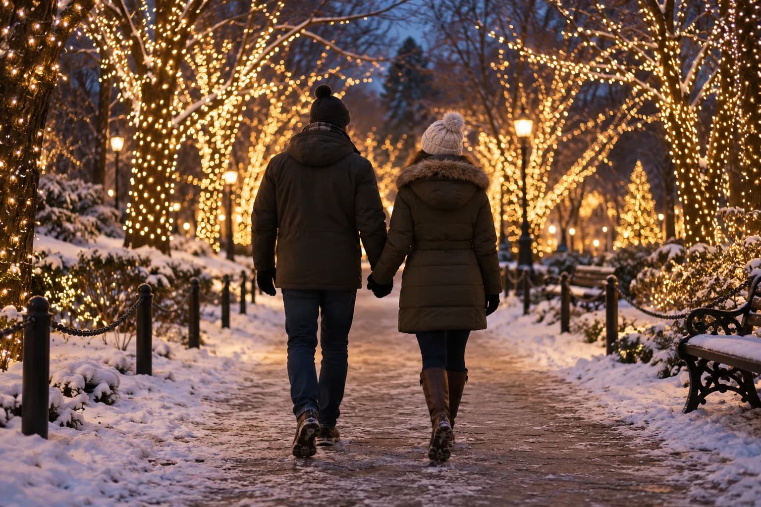 Two people in winter coats walking hand in hand along a snowy park path lined with trees wrapped in warm holiday lights
