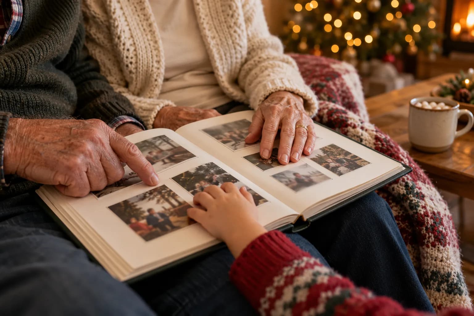 Grandparents' hands and a child's hand resting on an open printed family photo album on a sofa near a Christmas tree