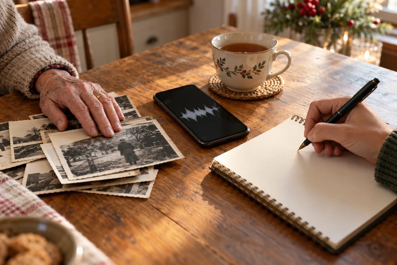 An older person's hand on a stack of old black-and-white photos next to a phone recording audio and a notebook on a kitchen table
