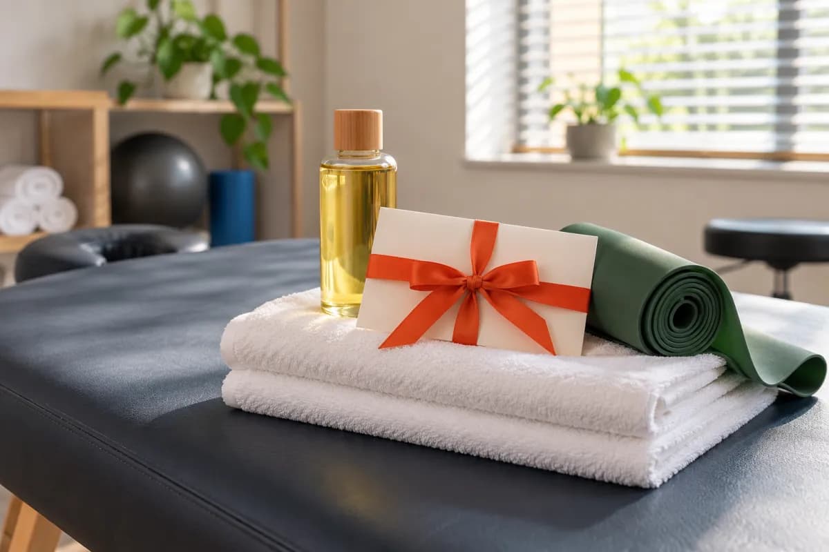 A gift voucher envelope with an orange ribbon on folded towels on a massage table, next to massage oil and a resistance band