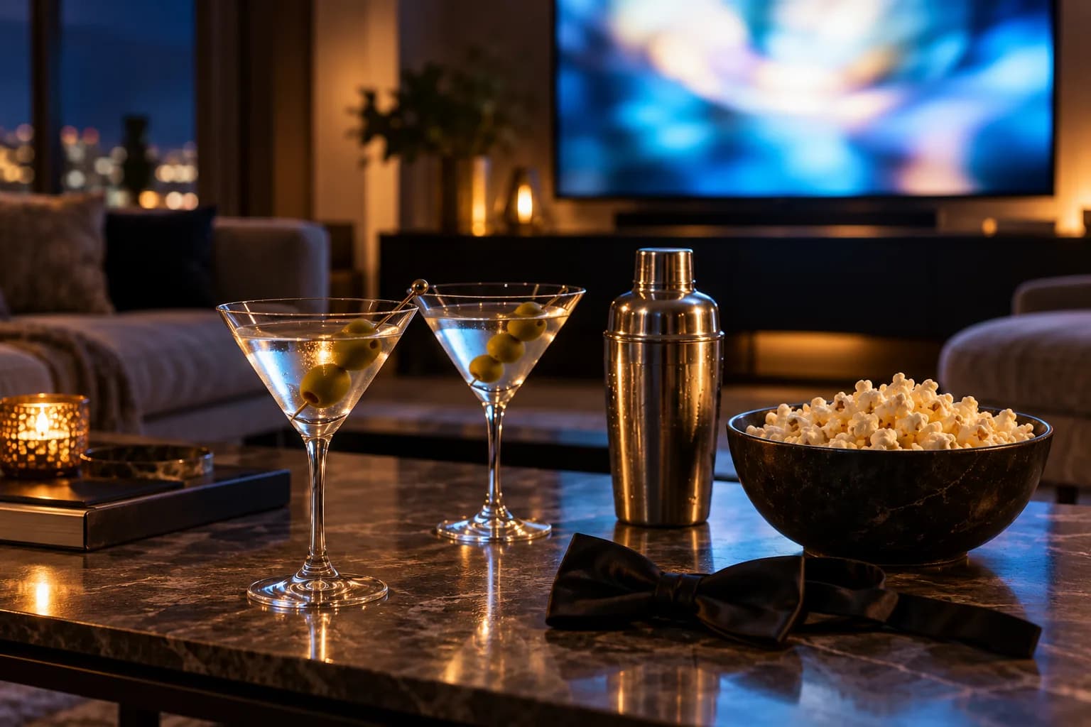 A dark living room with a glowing TV, two martini glasses with olives, a cocktail shaker, popcorn, and a black bow tie on the table.