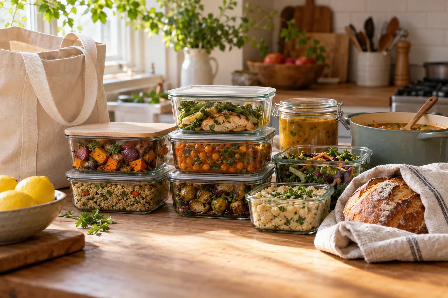 Home-cooked meals in glass containers, a pot of soup, and bread packed in a tote bag on a kitchen counter.