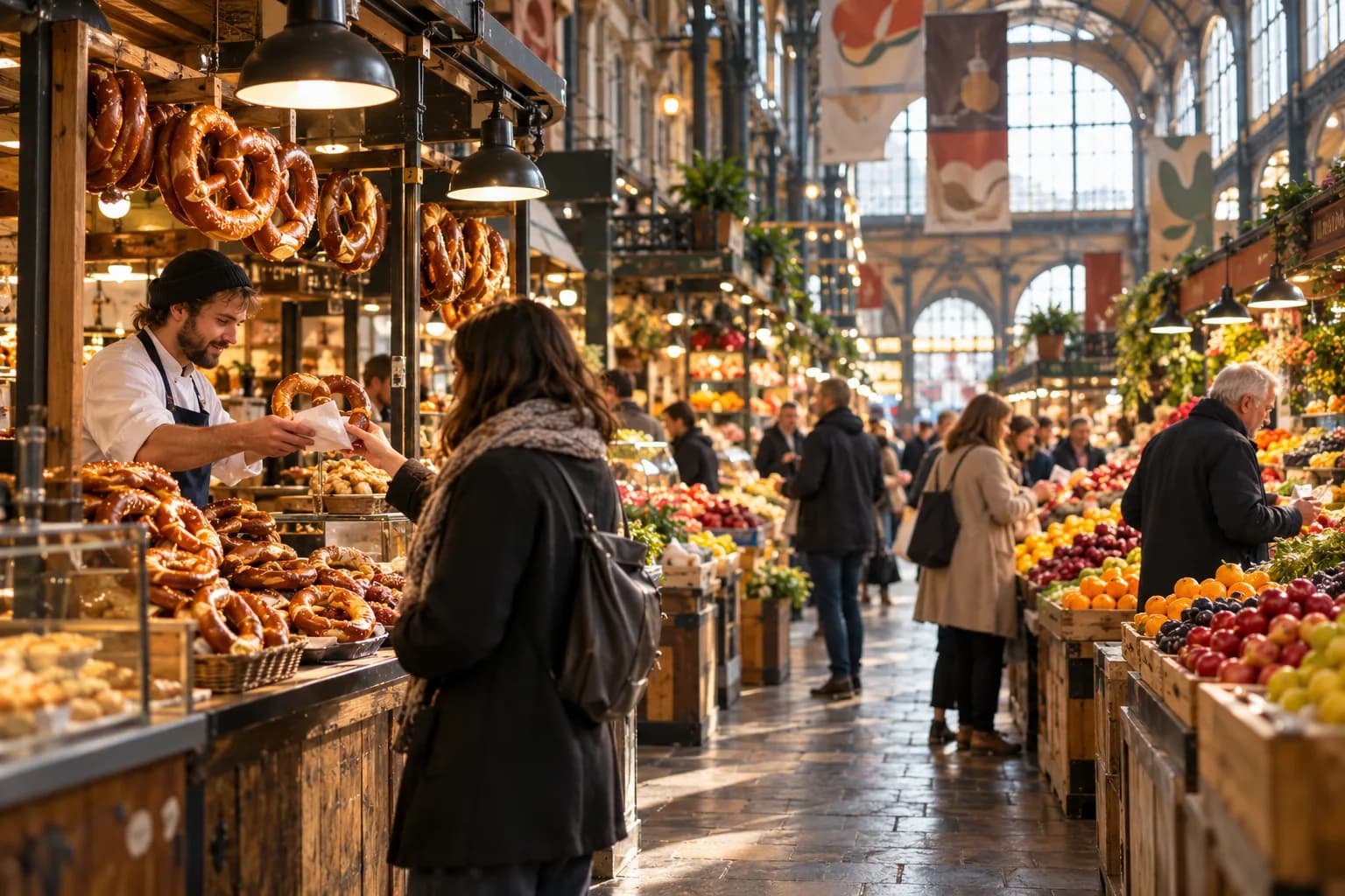 A bustling historic indoor food market with a soft pretzel stand, fruit stalls, and shoppers.