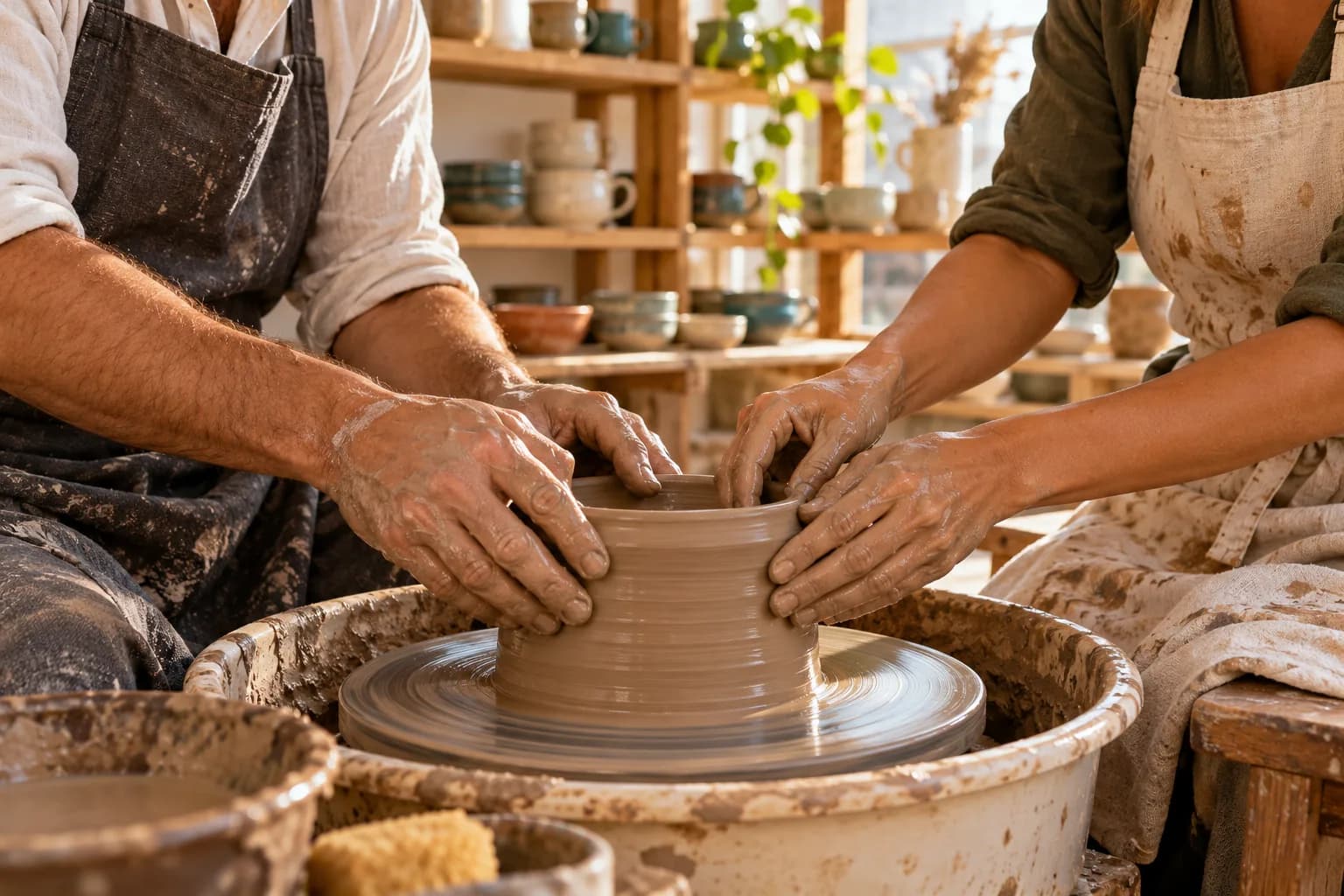 Two people shaping clay on a pottery wheel in a bright studio class.