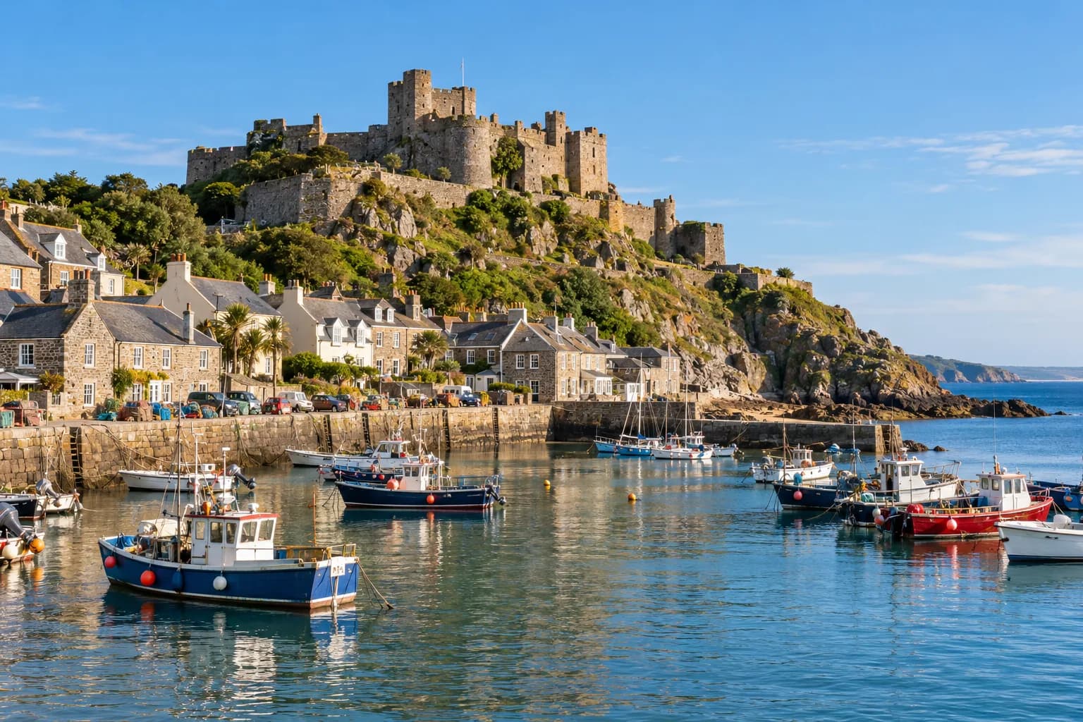 A medieval stone castle on a hill above a small harbour with fishing boats on a sunny day.