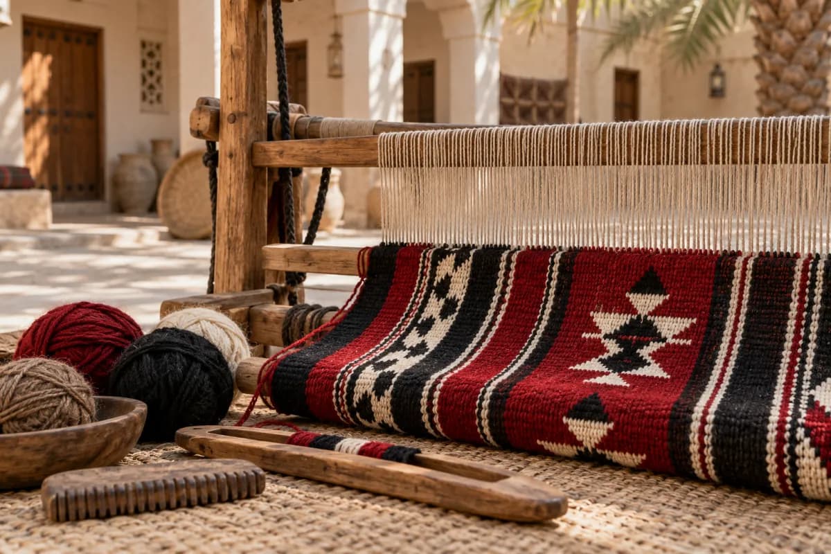 A traditional ground loom with a half-woven red, black and white Sadu textile and balls of wool