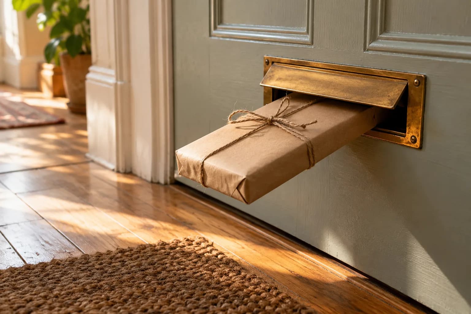 A slim kraft-paper gift tied with twine being pushed through a brass letterbox in a front door.