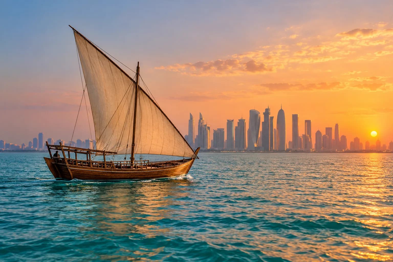 A traditional wooden dhow sailing on calm turquoise water at sunset with a city skyline in the distance.