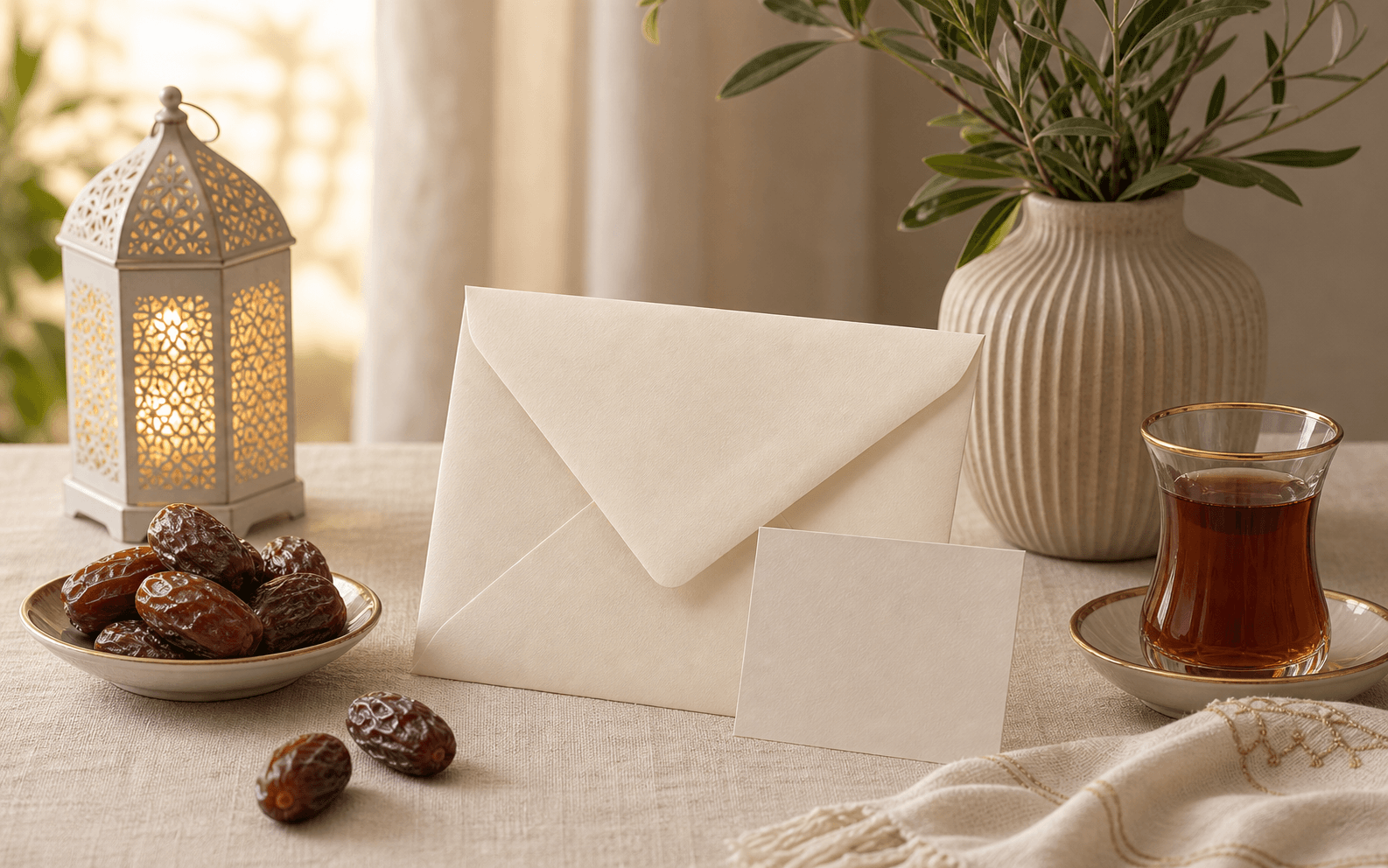 A plain donation envelope, blank card, dates, and tea arranged in warm Ramadan light.