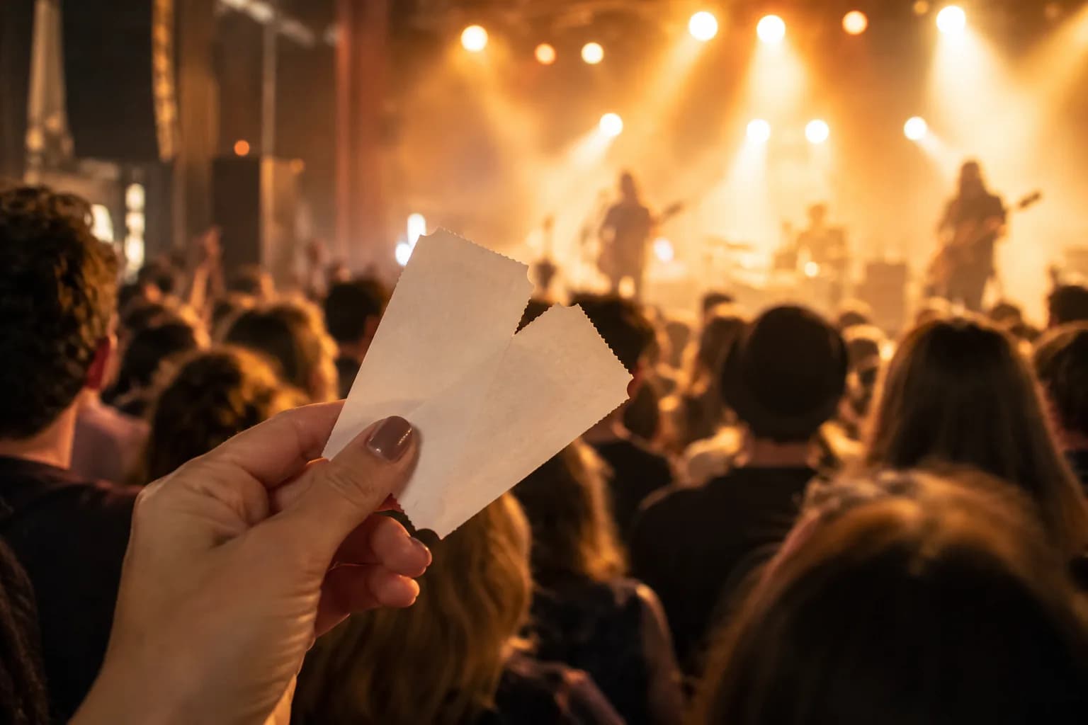 Two concert tickets held up in front of a stage with warm lights and a band in silhouette.