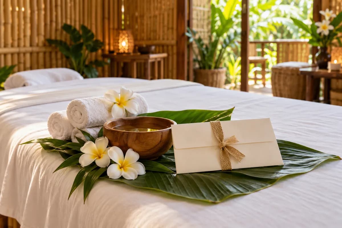 A massage bed with white linens, banana leaves, frangipani flowers, a bowl of coconut oil and a gift voucher envelope