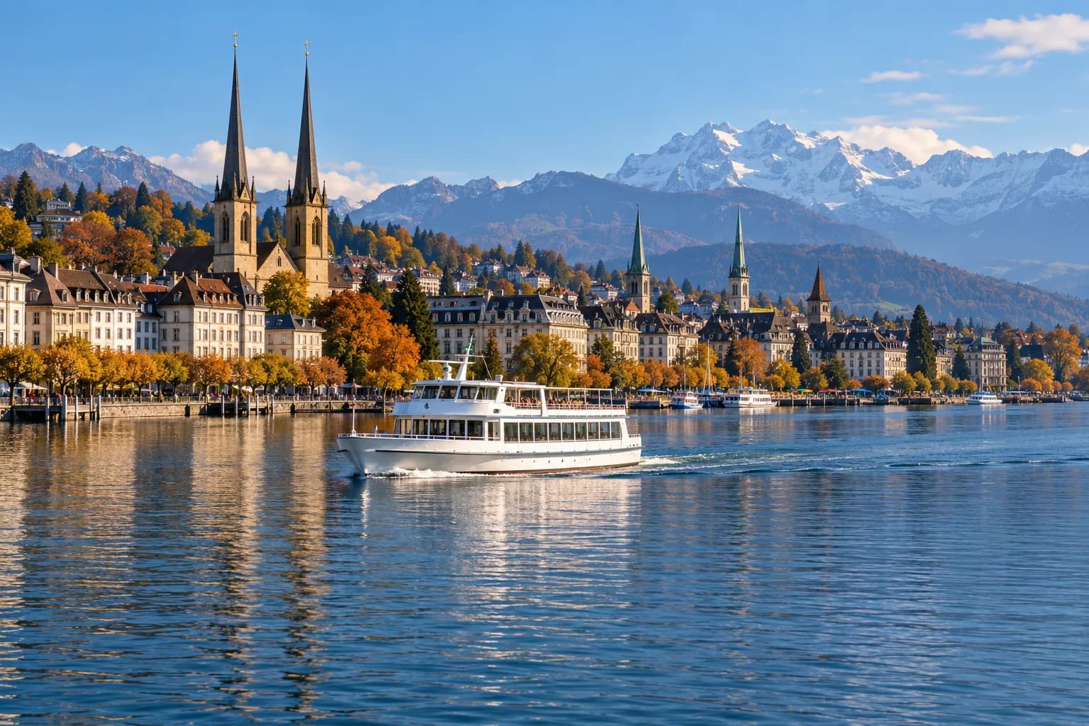 A white passenger boat on a calm lake with church spires, historic buildings, and snowy mountains in the background.