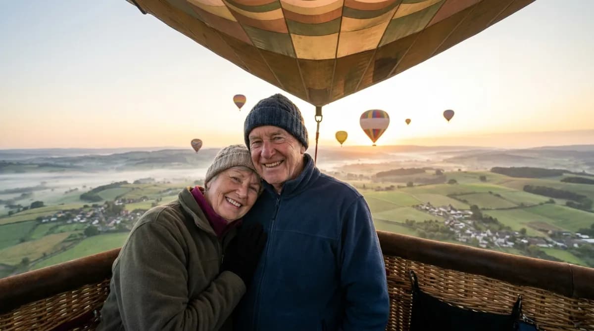 A couple in their seventies smiling in the basket of a hot air balloon over green countryside at sunrise