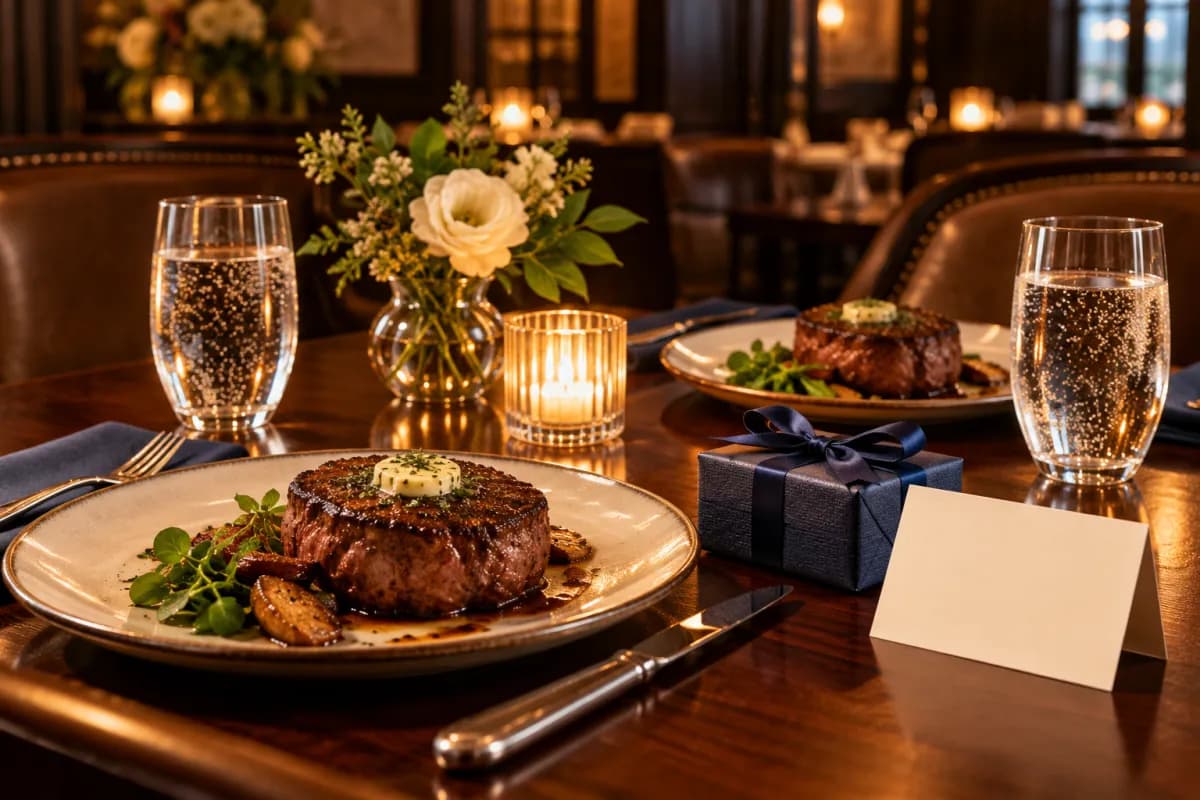 A candlelit restaurant table set for two with steaks and a small wrapped gift box with a navy ribbon