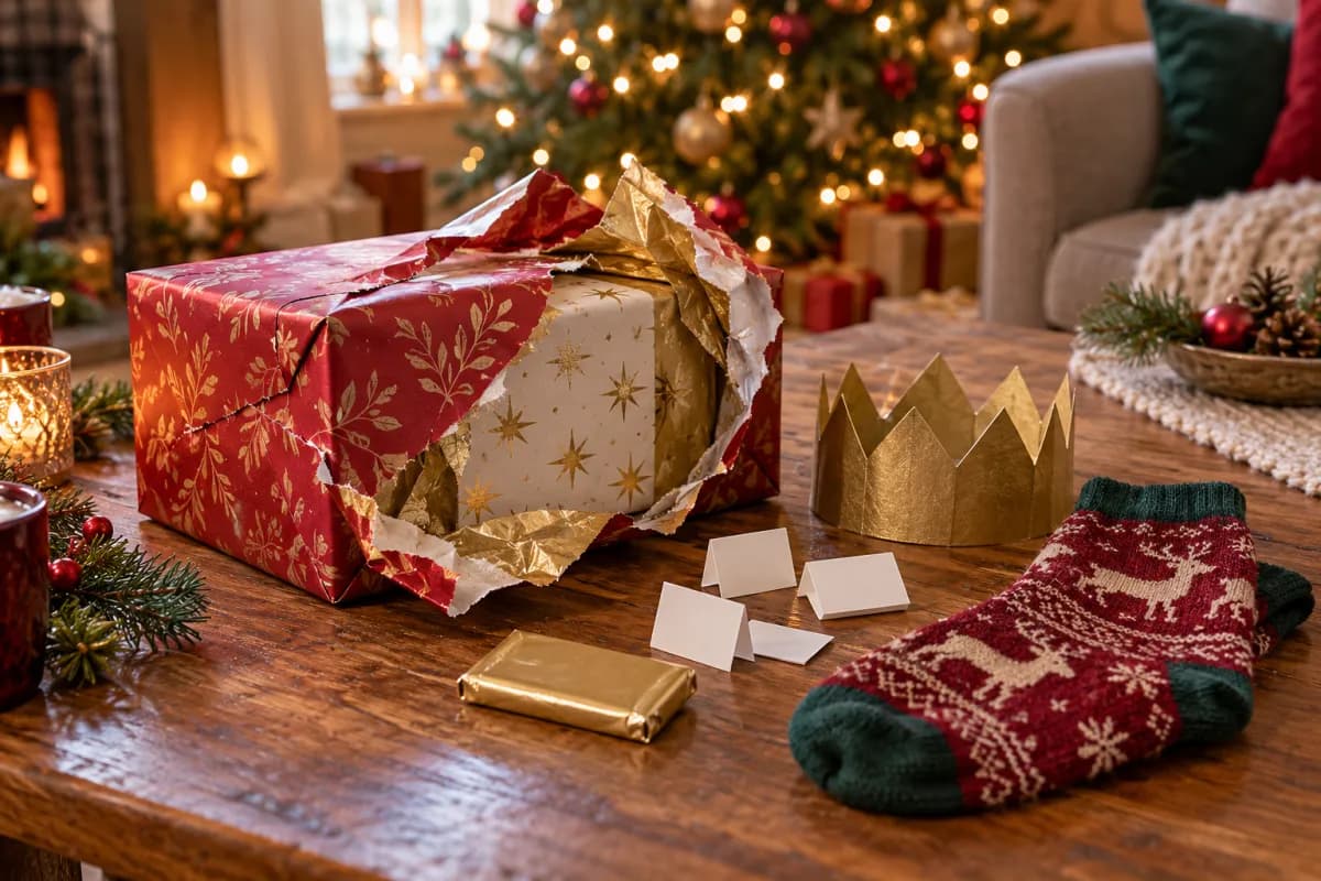 A Christmas pass the parcel wrapped in red and gold paper with folded paper slips, a paper crown and novelty socks